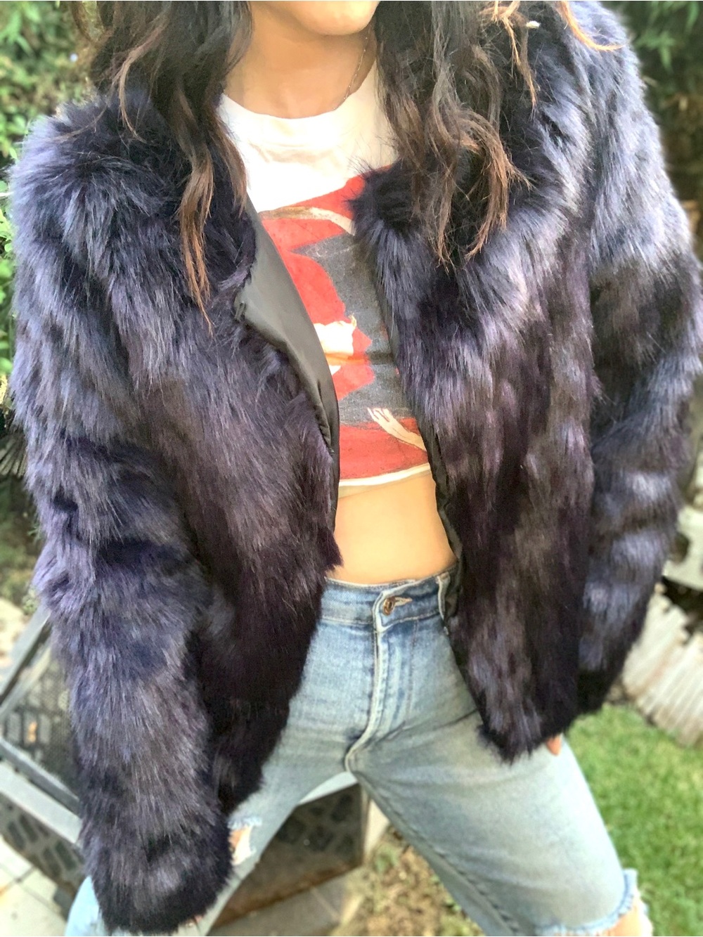 Romeo & Juliet Couture Plush Faux Fur Jacket in Deep Navy Violet